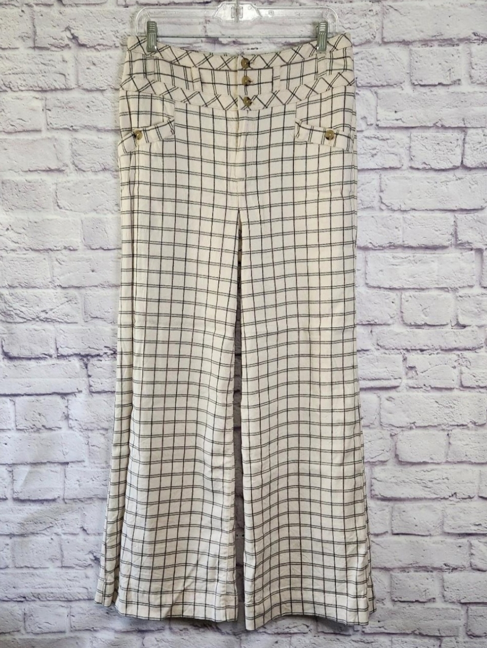ANTHROPOLOGIE Ivory & Black Window Pane Plaid Wide Leg High Waist Trousers Sz 6